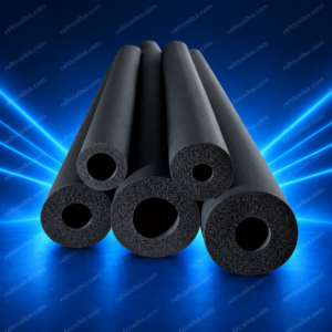 Tubos aislantes de espuma negra para tuberías de refrigeración sobre fondo azul con marca de agua refriceiba.com.