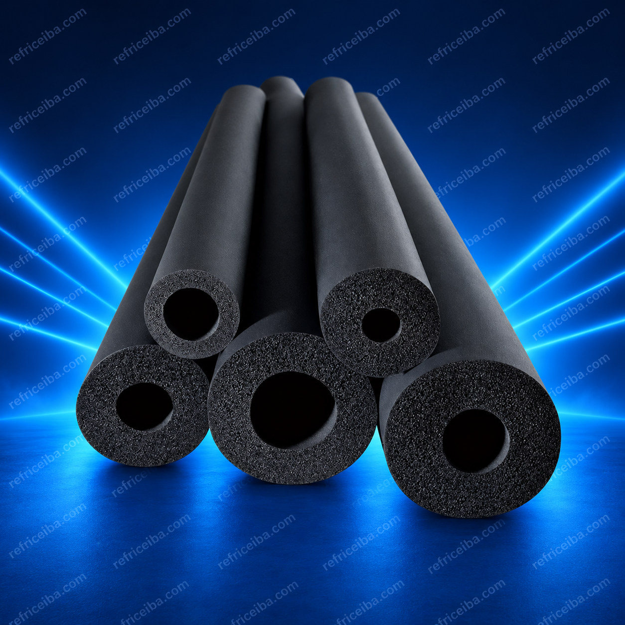 Tubos aislantes de espuma negra para tuberías de refrigeración sobre fondo azul con marca de agua refriceiba.com.