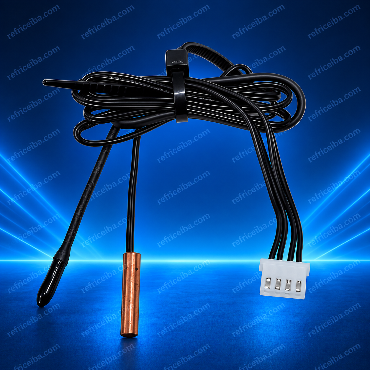 Conjunto de sensores de temperatura con sonda de cobre, sensores negros, cableado y conector de cuatro pines