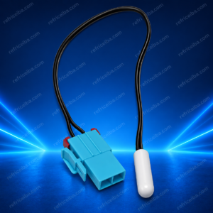 Sensor de temperatura con sonda blanca, cable negro y conector azul