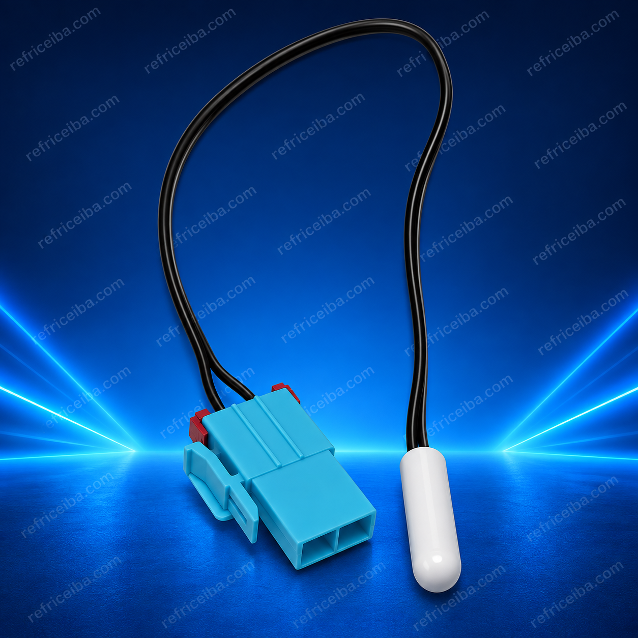 Sensor de temperatura con sonda blanca, cable negro y conector azul