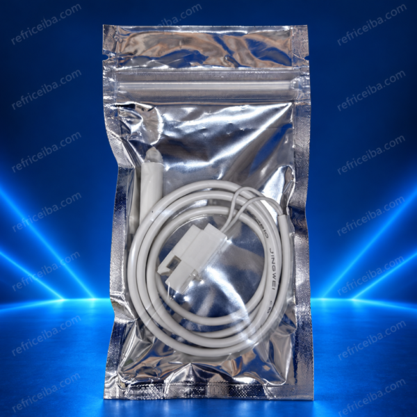 Sensor para nevera Haier de 2 kΩ con cableado y conector eléctrico.
