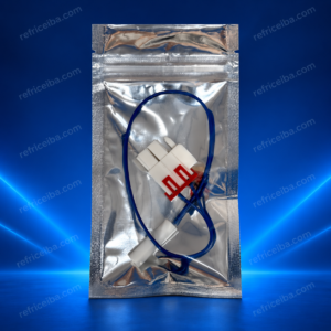 Sensor de temperatura para nevera Samsung de 4 kΩ, con dos cables azules, sonda y conectores blancos con seguros rojos, presentado en empaque metalizado.