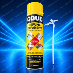 Envase amarillo de espuma expansiva multiusos COVO de 500 ml junto a su cánula aplicadora.