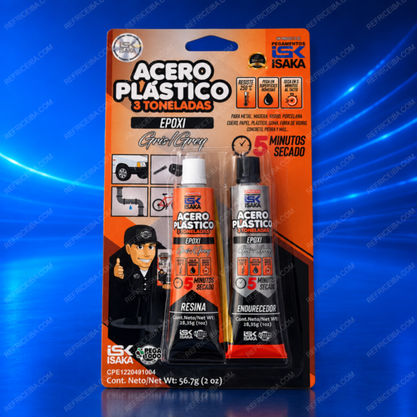 Acero plástico ISAKA gris de dos componentes para reparaciones en metal y otros materiales compatibles.
