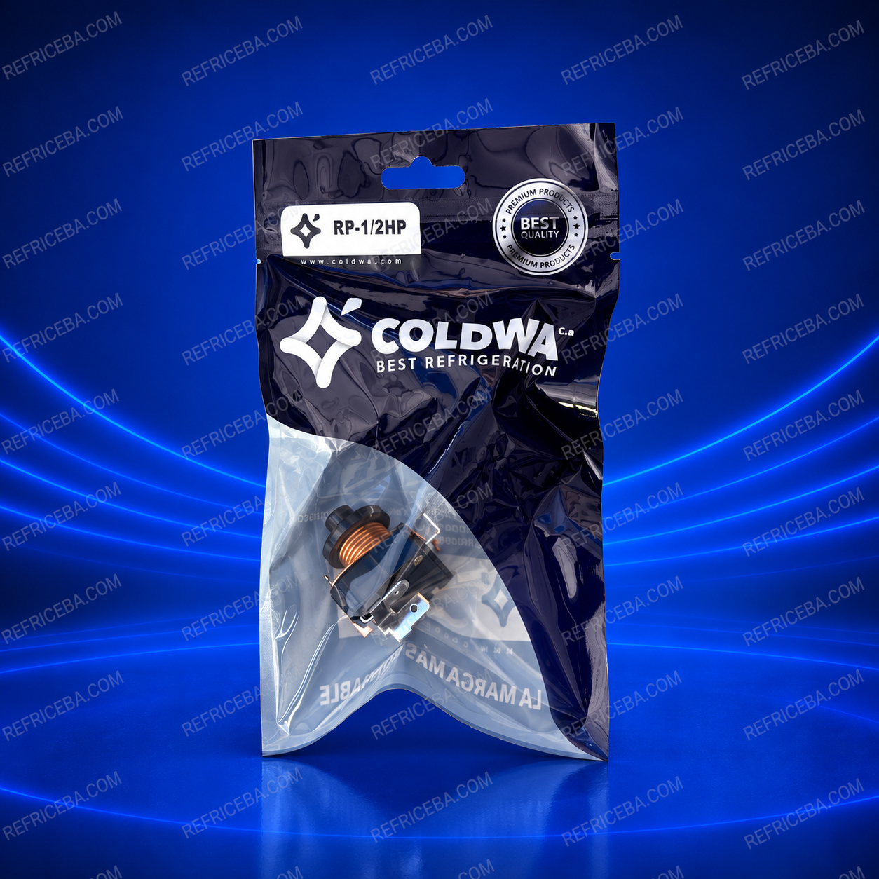 Relé de arranque Coldwa RP-1/2HP con bobina visible dentro de su empaque original.