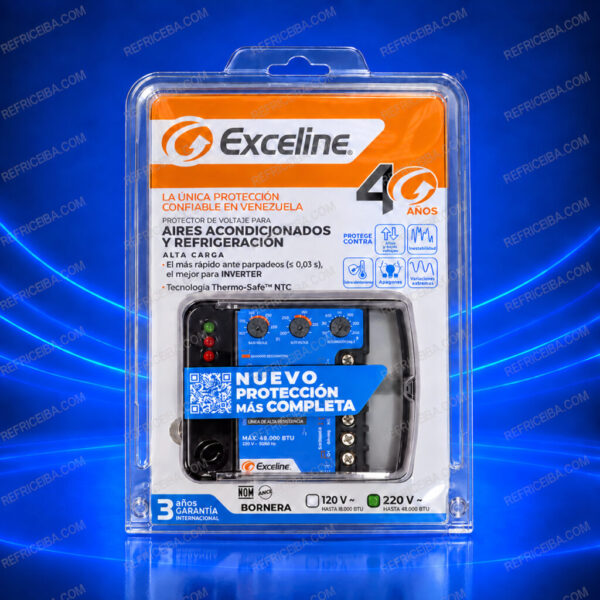 Protector Exceline de 220 V para aires acondicionados de hasta 48.000 BTU y refrigeración.