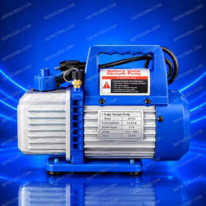 Bomba de vacío de una etapa color azul y plateado, modelo VP115, con asa superior y base estable sobre fondo azul con marca de agua refriceiba.com.