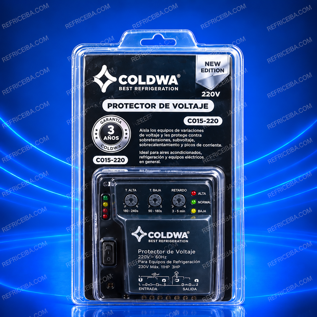 Protector de voltaje Coldwa CO15-220 de 220V para aires acondicionados y equipos de refrigeración con ajuste de voltaje y retardo de reconexión.