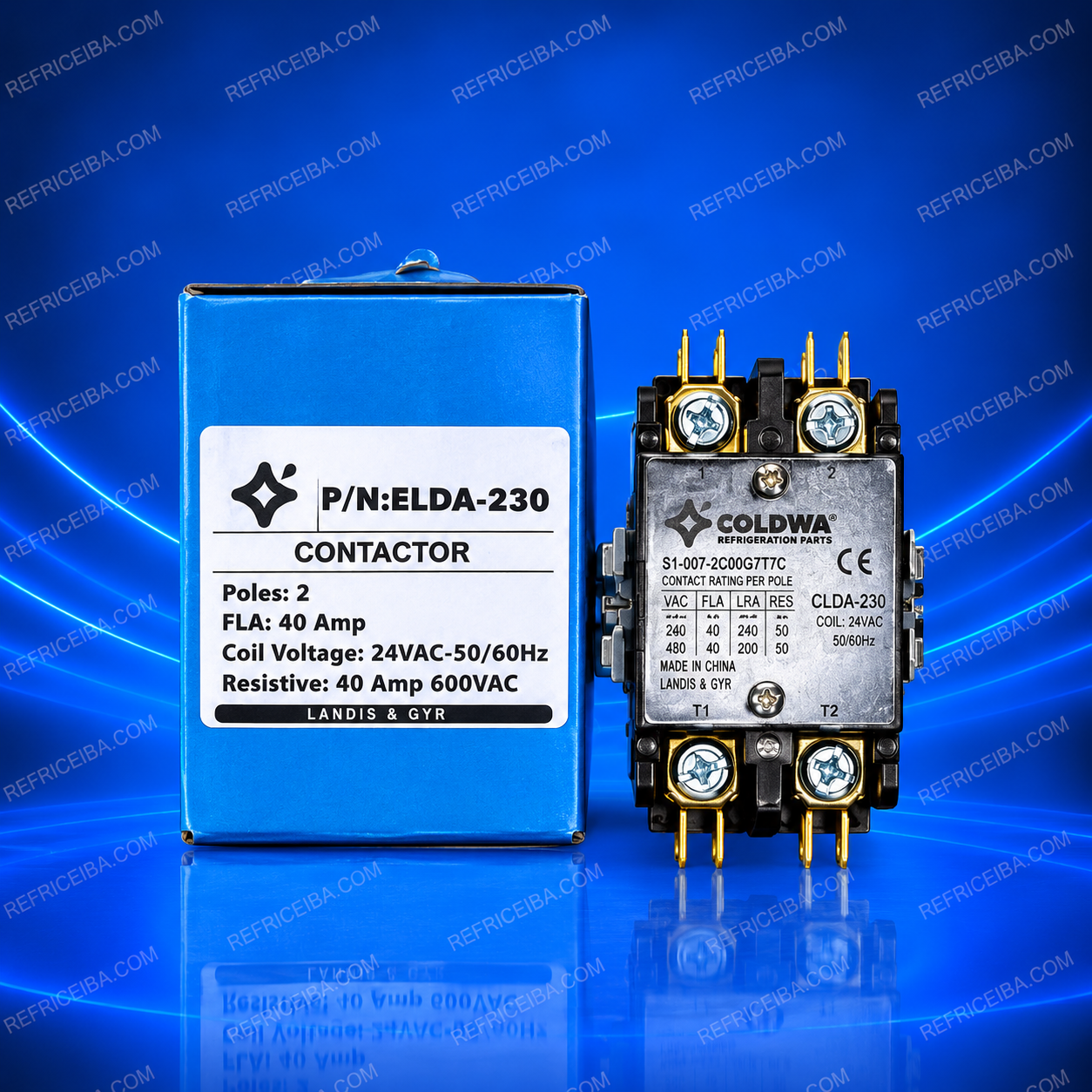 Un contactor eléctrico Coldwa de 2 polos de 40 amperios con bobina de 24VAC junto a su caja azul, presentado sobre un fondo azul neón con reflejo y marcas de agua de REFRICEBA.COM.