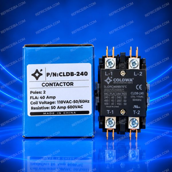 Contactor eléctrico Coldwa de 2 polos, 40 Amp, bobina de 110VAC (P/N: CLDB-240).
