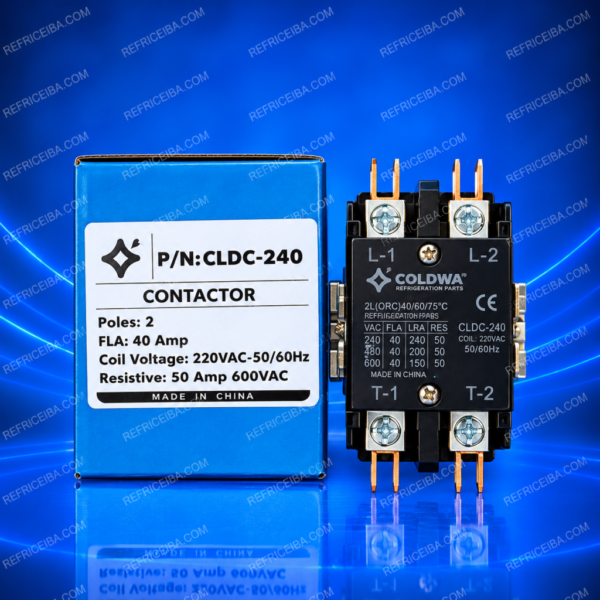Contactor eléctrico Coldwa de 2 polos, 40 Amp, bobina de 220VAC (P/N: CLDC-240).