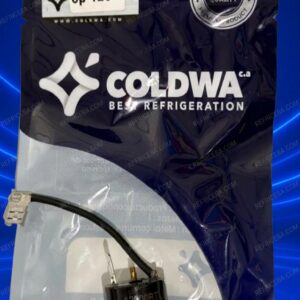 Un protector térmico para compresor Coldwa de 12000 BTU 110V (modelo op-120-1) dentro de su empaque plástico sellado, sobre un fondo azul neón con marcas de agua de REFRICEBA.COM.