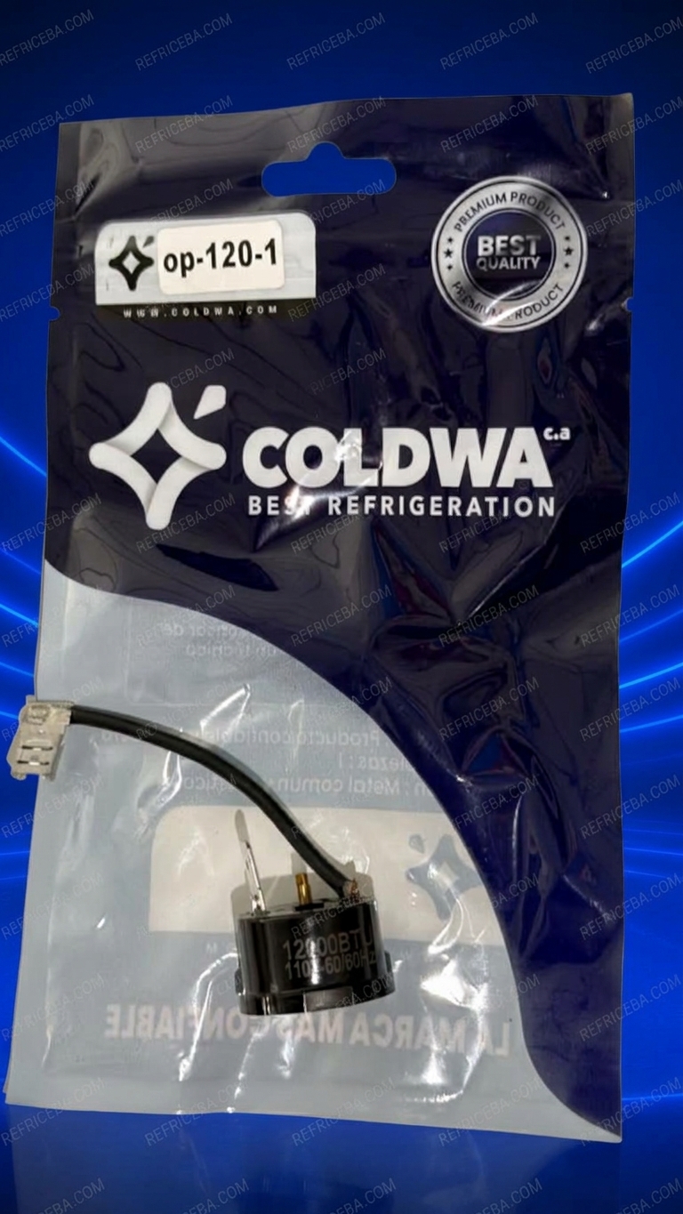 Un protector térmico para compresor Coldwa de 12000 BTU 110V (modelo op-120-1) dentro de su empaque plástico sellado, sobre un fondo azul neón con marcas de agua de REFRICEBA.COM.