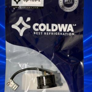 Protector térmico para compresor Coldwa de 12000 BTU a 220V (modelo op-120-2) dentro de su empaque sellado, sobre un fondo azul neón con marcas de agua de REFRICEBA.COM.