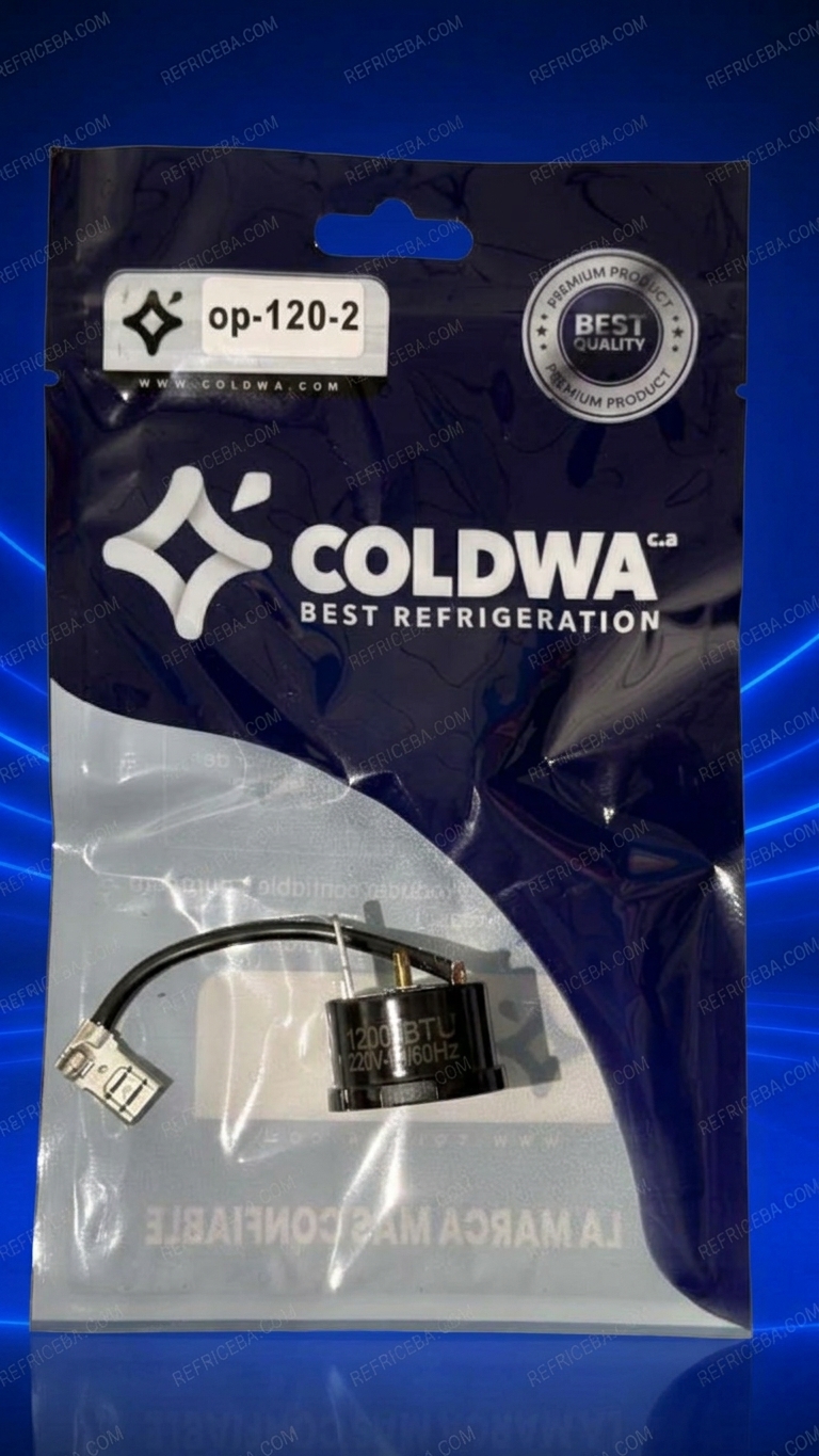 Protector térmico para compresor Coldwa de 12000 BTU a 220V (modelo op-120-2) dentro de su empaque sellado, sobre un fondo azul neón con marcas de agua de REFRICEBA.COM.