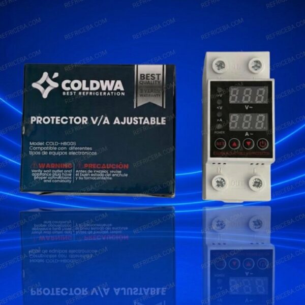 Protector V/A ajustable Coldwa 63A modelo COLD-HBG05 con display digital dual y montaje en riel DIN.