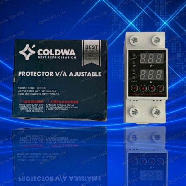 Protector V/A ajustable Coldwa 80A modelo COLD-HBG05 con pantalla digital dual y montaje en riel DIN.