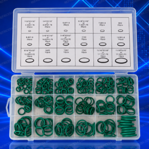 Estuche abierto con O-rings verdes separados en 18 compartimentos y tabla de medidas en la tapa.