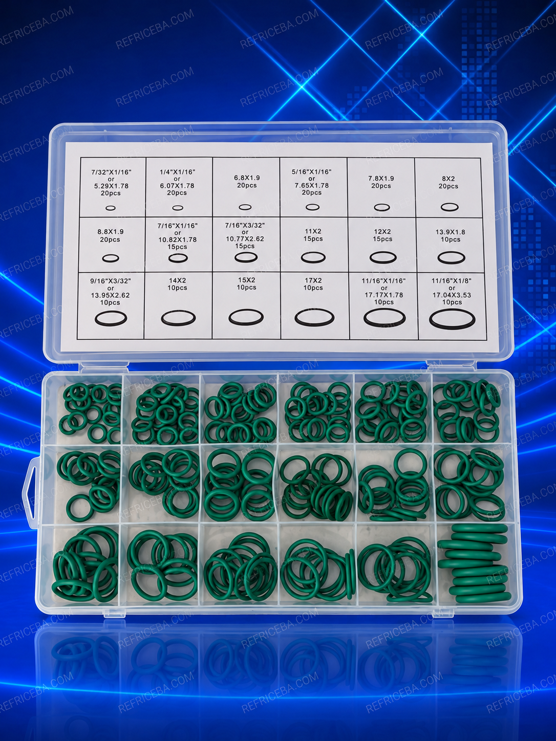 Estuche abierto con O-rings verdes separados en 18 compartimentos y tabla de medidas en la tapa.
