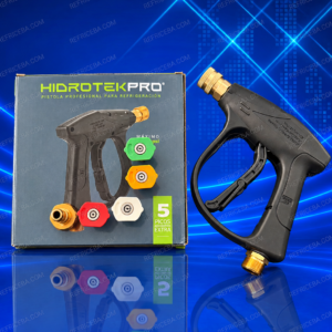 Pistola negra HIDROTEK PRO con conexiones metálicas, cinco picos aspersores y caja de presentación.