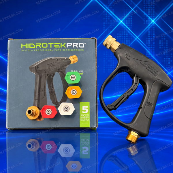 Pistola profesional HIDROTEK PRO con cinco picos aspersores para trabajos de limpieza y mantenimiento.