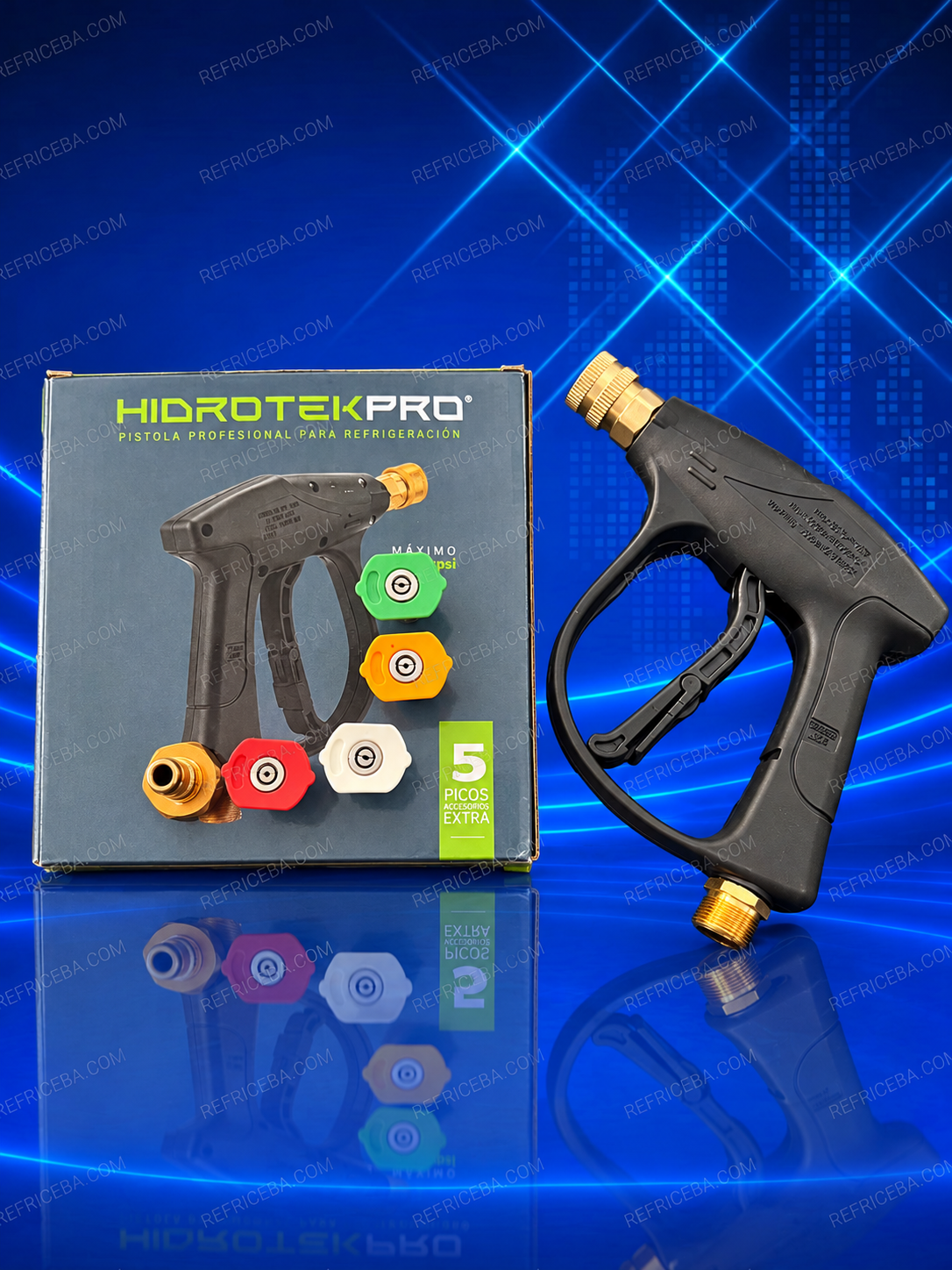 Pistola negra HIDROTEK PRO con conexiones metálicas, cinco picos aspersores y caja de presentación.