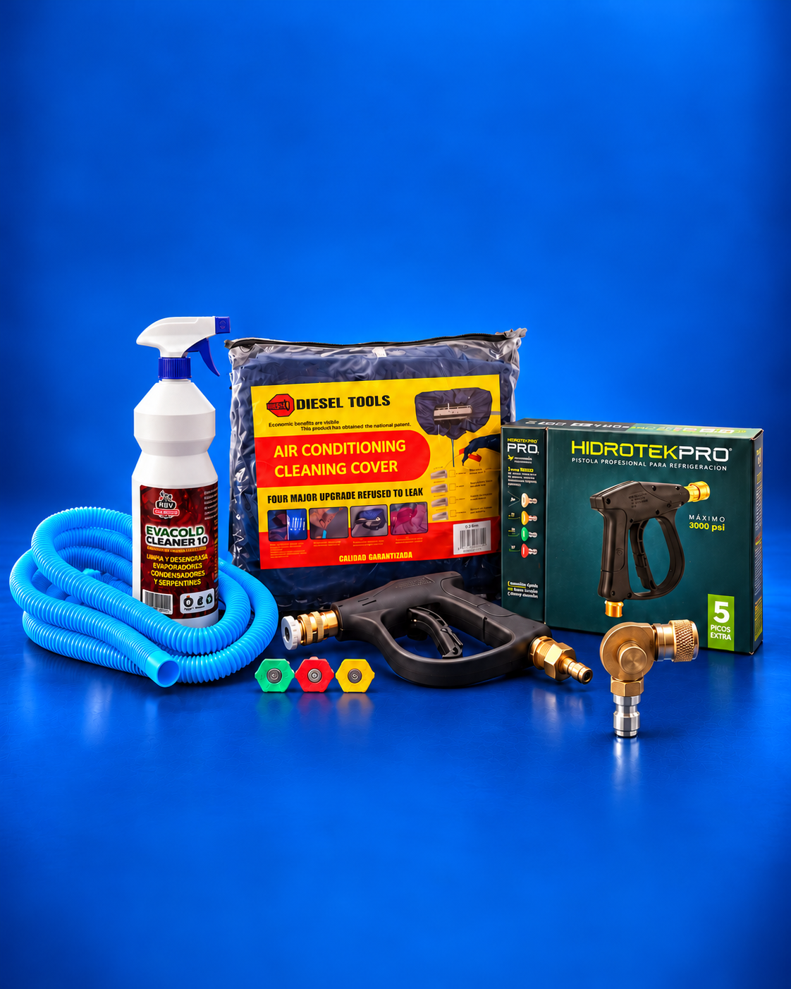 Combo de limpieza para aire acondicionado con funda Diesel Tools, manguera azul, Evacold Cleaner 10, pistola Hidrotek Pro, boquillas y adaptador de 240° sobre fondo azul.